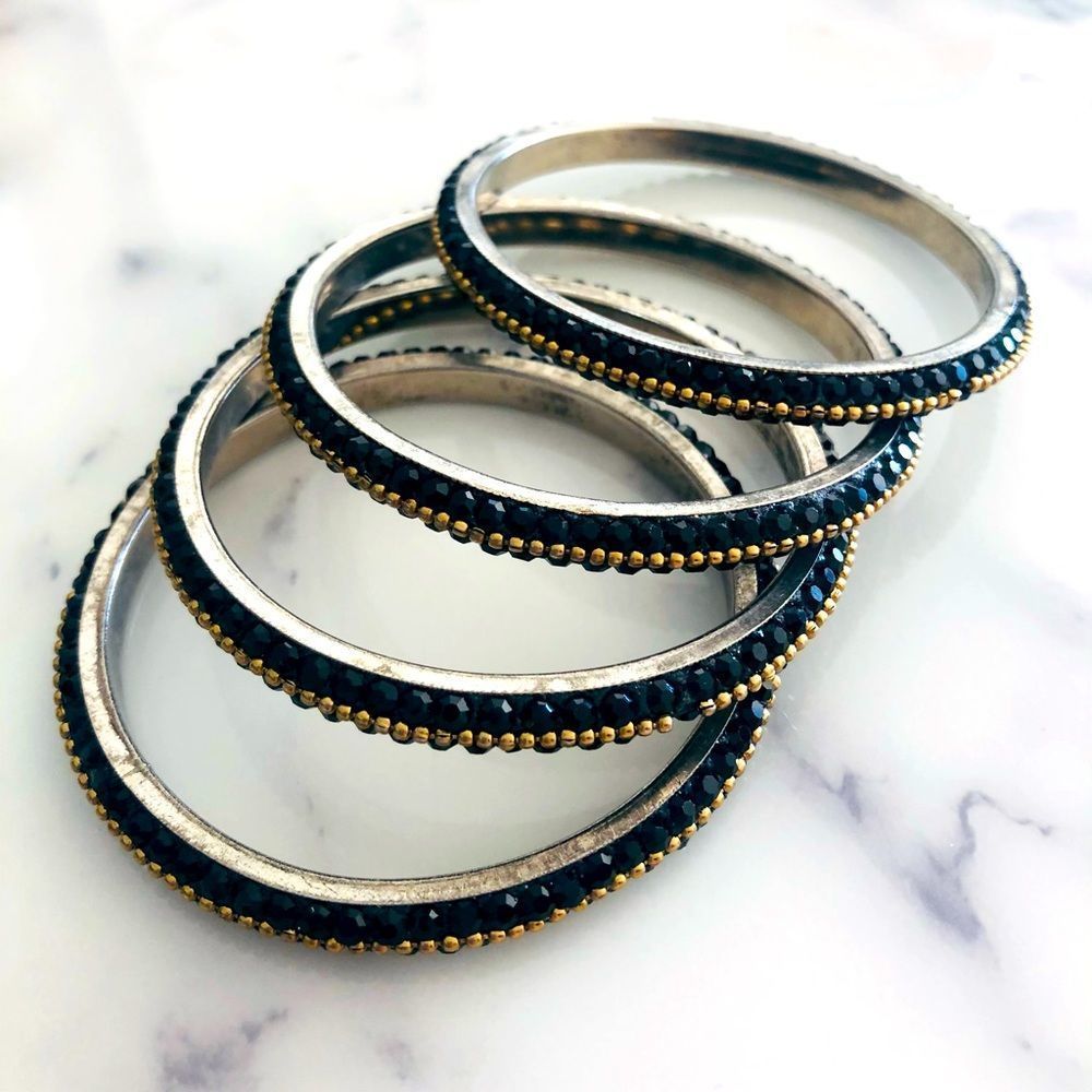 (4) black and gold beaded stacking bangle bracelets